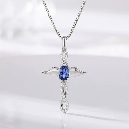 ZDaoBen Angel Wing Cross Necklace 925 Sterling Silver Infinity Cross Pendant Birthstone Cubic Zirconia Necklace CZ Diamond Cross Jewelry Baptism Gift for Women,Girls Come with Gift Box